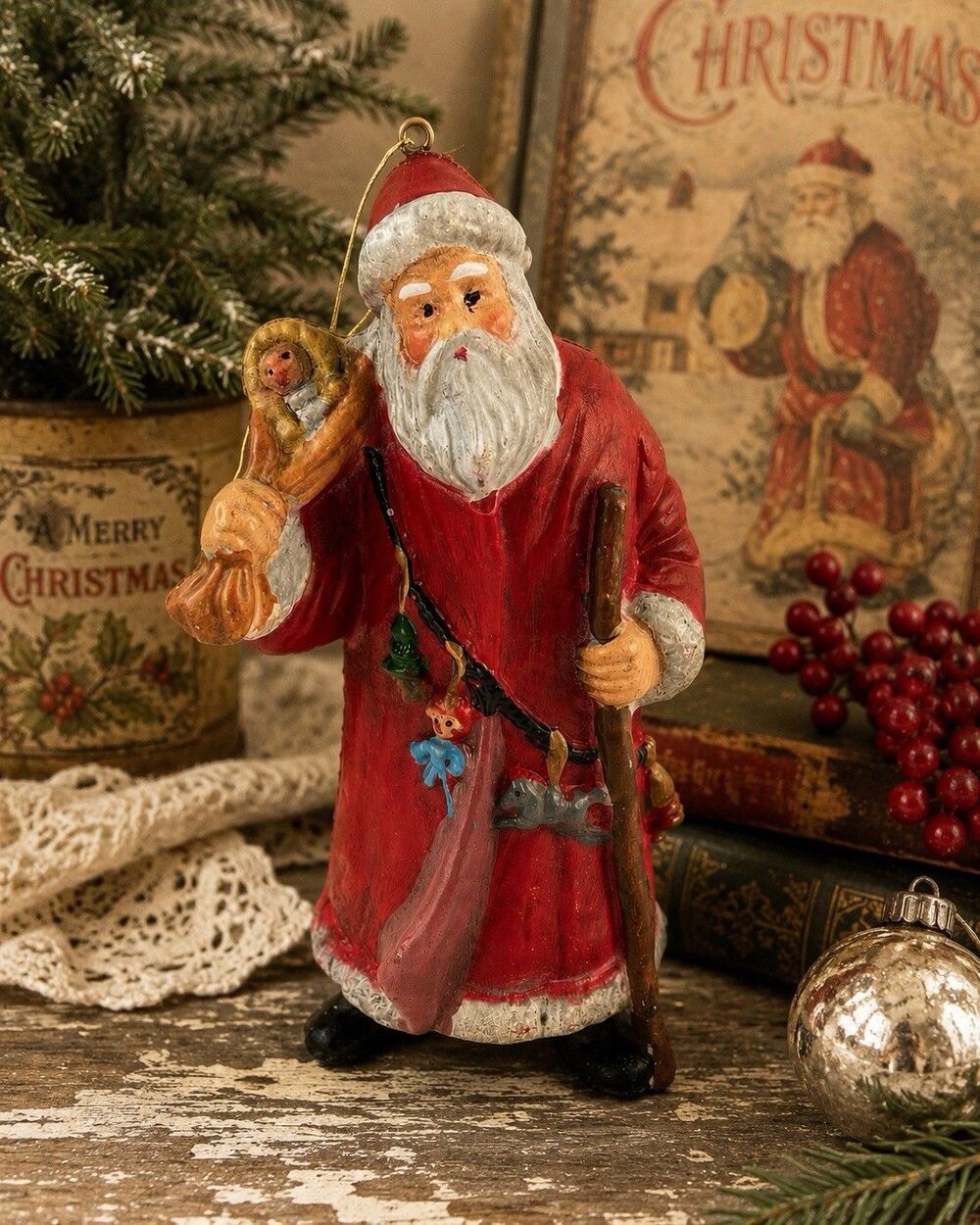 Vintage Old World Santa Claus Composition Hanging Ornament Toy Sack 5.5” Decor